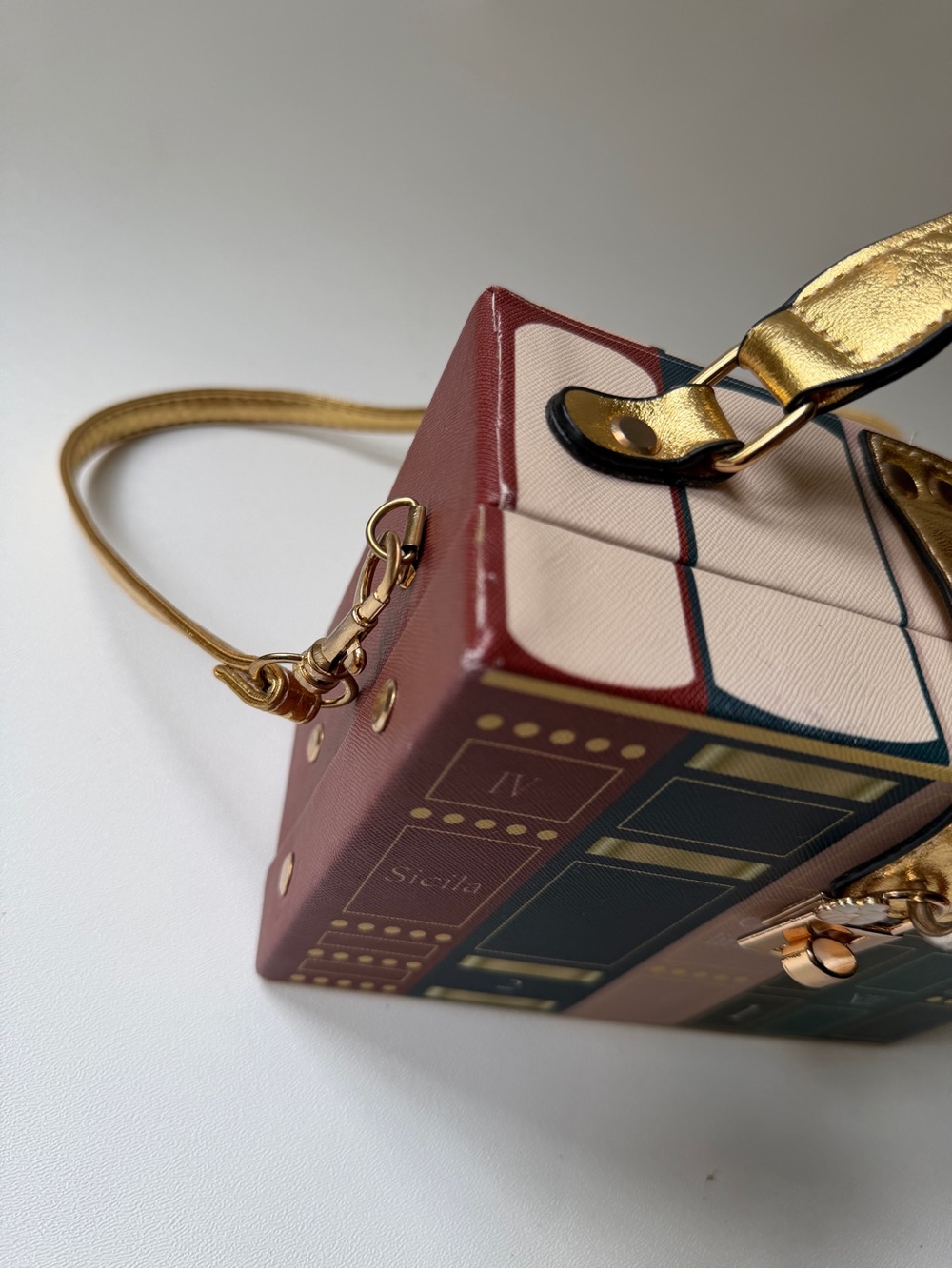 Book Box Crossbody Bag in Green, Burgundy, Blush & Gold - Picture 11 of 15
